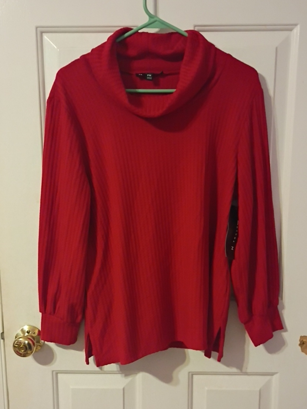 N Touch Petite Women's Red Ribbed Cowl Neck Sweater